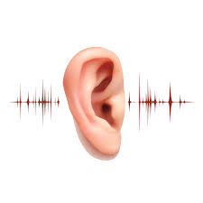 A picture of an ear with sound waves coming out.