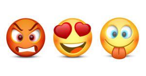 Three different emojis with hearts on them.