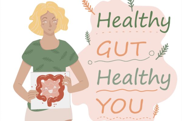 A woman holding an intestine in front of the words healthy gut, healthy you.