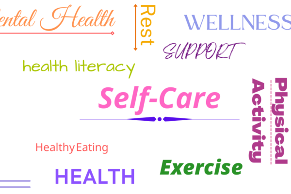 A collage of words that include health, rest, exercise and self-care.