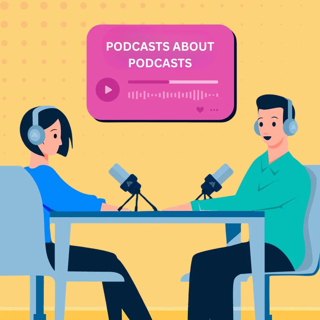 Illustration of two podcast hosts speaking into microphones beneath a podcast screen